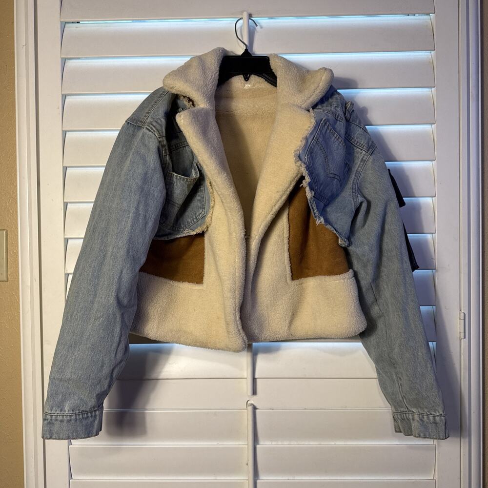 Two Twin Style Denim Patchwork Jacket Large Sherpa Coat Faux Suede Cropped